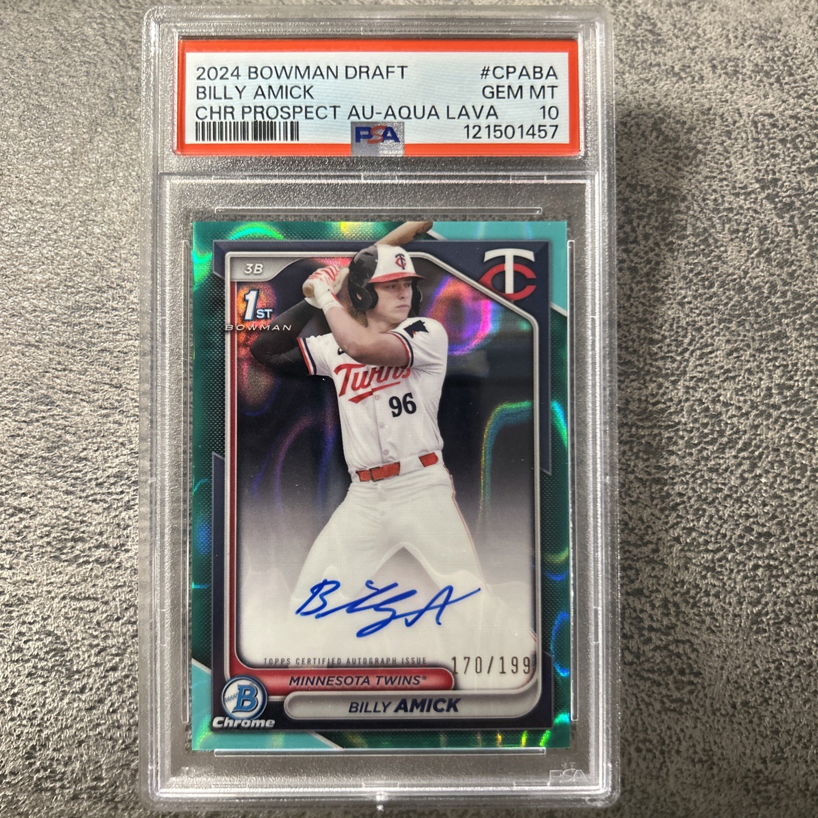 2024 Bowman Draft Chrome Billy Amick Aqua Lava Refractor Auto /199 CPA-BA PSA 10