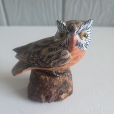 Vintage Handpainted Ceramic Great Horned Owl On Wooded Base