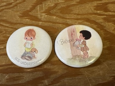2 Cute Children Pinback Buttons Precious Moments ''I Believe'' ''God Understands''