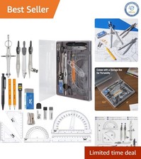 15-Piece Geometry Set with Swing Arm Protractor and Metal Compasses, Lightweight