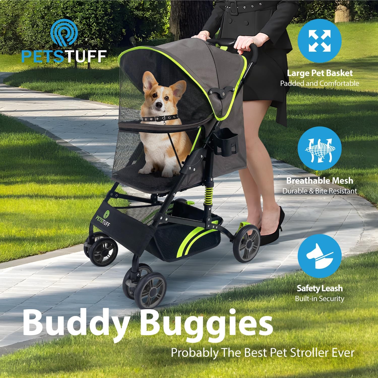 22” Buddy Buggies Foldable Pet Stroller - Shock Absorbing Frame with Storage ...