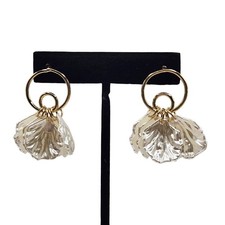 Gold Tone Hoop Earrings with White Petal Dangles Statement