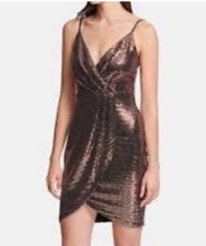 Guess Metallic Copper Sequin Dress Sz 8 Faux Wrap V Neck Spaghetti Strap Mini