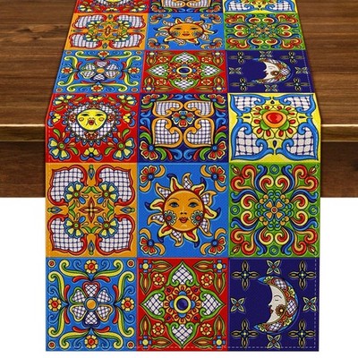 Nepnuser Mexican Talavera Ceramic Tile Table Runner for Fiesta Party Decoration