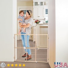Adjustable Baby Safety Gate Wide Openings Pressure Mounted Wire Mesh Wood Gate