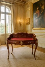 IMPOSANT GRAND BUREAU SECRETAIRE BOIS MASSIF 8 TIROIRS MARQUETERIE BRONZE