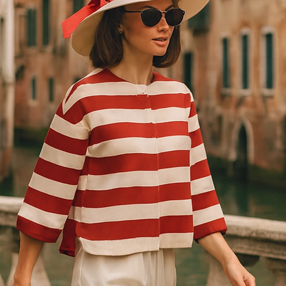 LORO PIANA 8 42-IT Red and Cream Striped  Step Hem Jacket ITALY $3950 Retail - Image 4 of 4