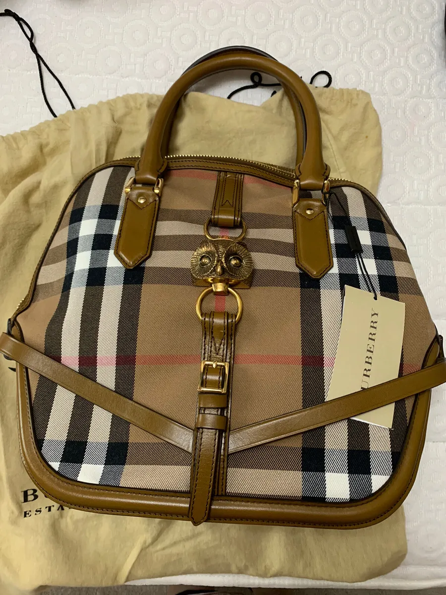 Authentic BURBERRY Bridle House Check Medium Owl Orchard Bowling Bag Brown  Ochre