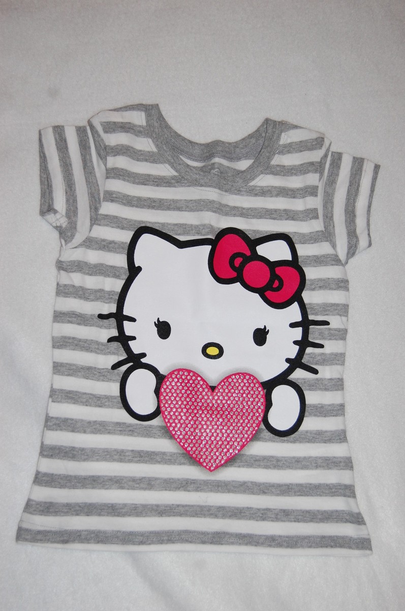 Girls HELLO KITTY TEE SHIRT Cap Sleeve GRAY WHITE STRIPE Glitter