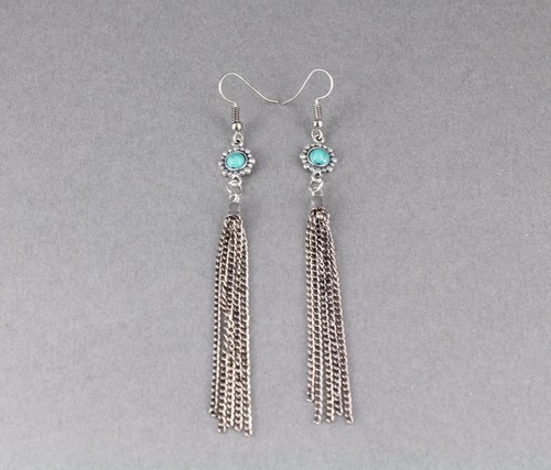 Silver Turquoise tassel earrings dangle fringe lightweight earrings 4" long - 第 4/6 張圖片