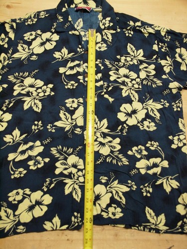 Hawaiian Shirt by Paw Paw, dark blue & floral print coconut buttons, Rayon, sz L - Picture 7 of 9