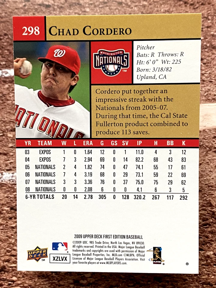 2009 Upper Deck First Edition Chad Cordero #298 - Image 2 of 2