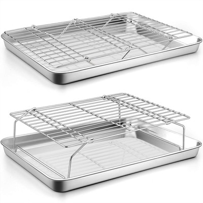P&P CHEF 2 Baking Sheets and 2 Cooling 16'' (2 Pans+2 Stackable Racks), Silver 