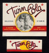 Twin Cola Real Photo Smiling Kids Soda Bottle Label Set c1940's