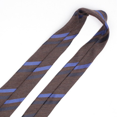 Josiah France Mens Wool Silk Necktie Brown Navy Blue Contrast Stripe Woven Tie - Picture 7 of 8