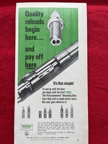 Vintage 1973 Print Ad RCBS Reloading Dies Precisioneered Ammo Equipment