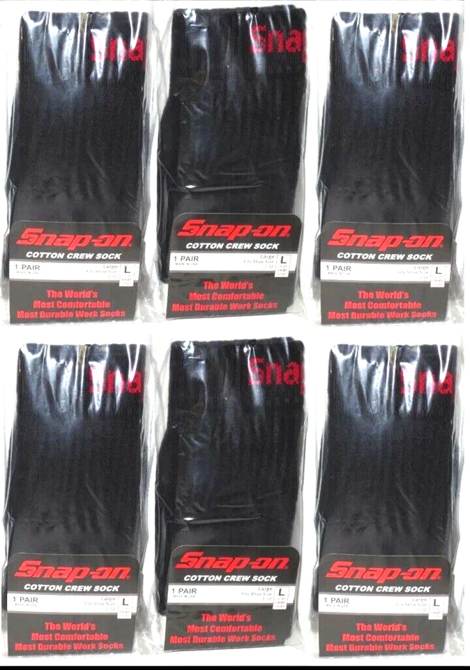 SNAP ON TOOLS USA NEW 6 Pairs Crew Socks Men's BLACK LARGE FREE SHIP MADE IN USA - Image 2 of 4