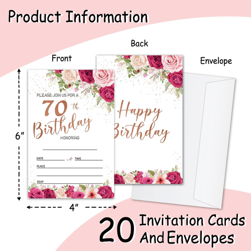 70Th Birthday Party Invitations 70 Year Old Adult Invite Cards (Pack) - Picture 2 of 12