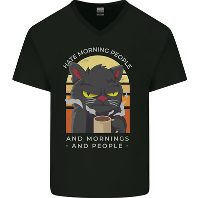 Lustiges T-Shirt Cat I Hate Morning People Kaffee Herren V-Ausschnitt Baumwolle