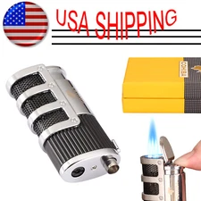 Windproof Gridding Metal Cigar Lighter 3 Torch Jet Flame Lighters W Punch Black