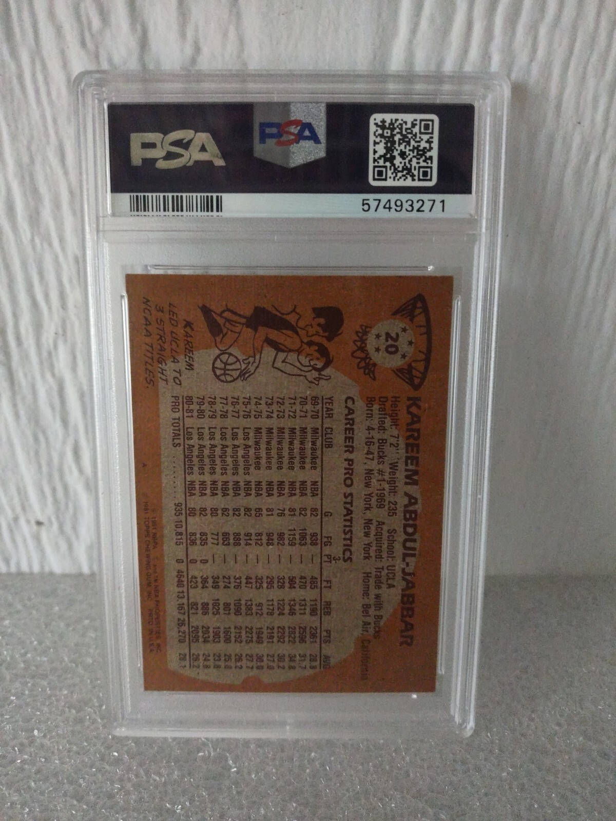 1981 Topps Basketball #20 Kareem Abdul-Jabbar Lakers HOF PSA 4 **Free Shipping** view 2