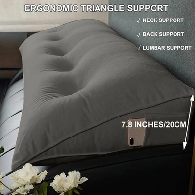 Triangle Reading Pillow Cushion with Button Back Support   Soft Gray Bed Rest Pi