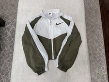 Nike Youth Girls Full Zip Hooded Windbreaker Jacket Size Small White/Olive Green