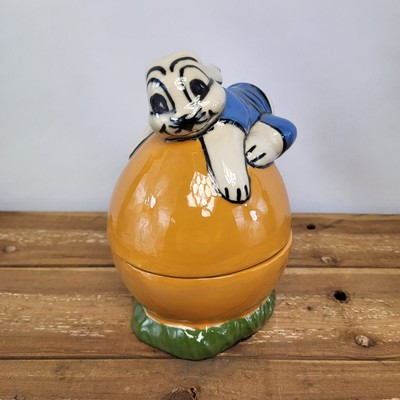 Vintage Osterdeko Schmuckschale Hase auf Ei Süßigkeitenschale Behälter mit Deckel UK