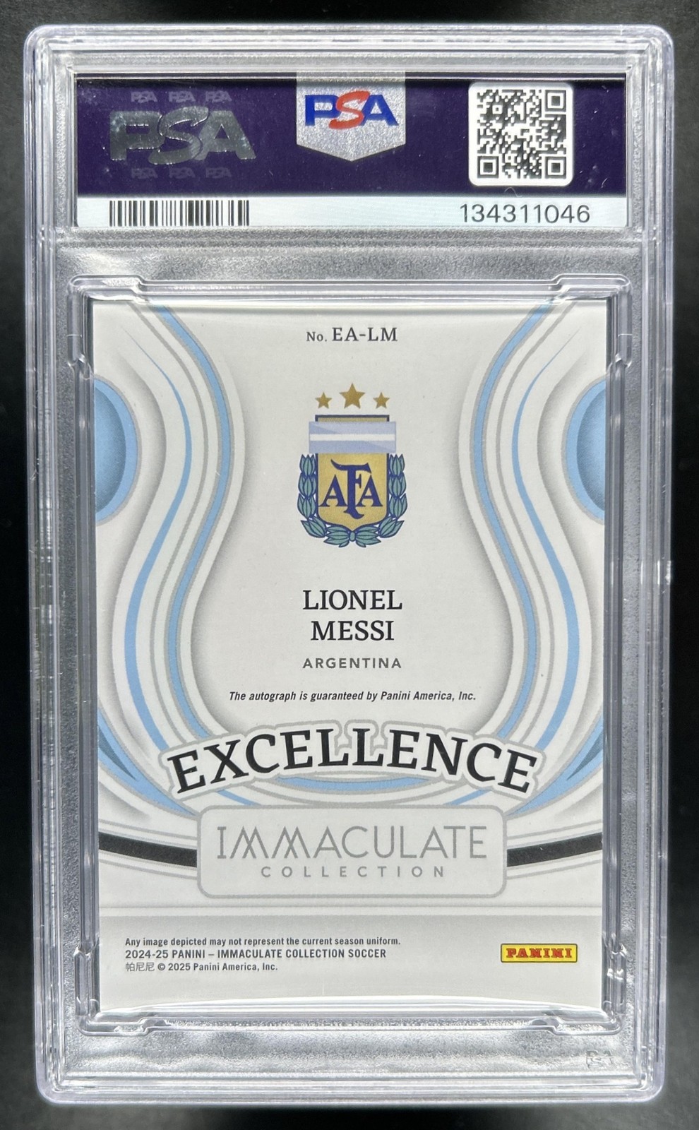 2024-25 Panini Immaculate Collection Lionel Messi Excellence Auto Gold #/3 PSA 8 view 2