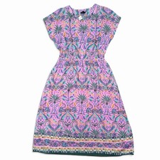 Talbots Fit & Flare Sun Dress Birds Palms Pink Cotton M Midi Tradwife Beachy