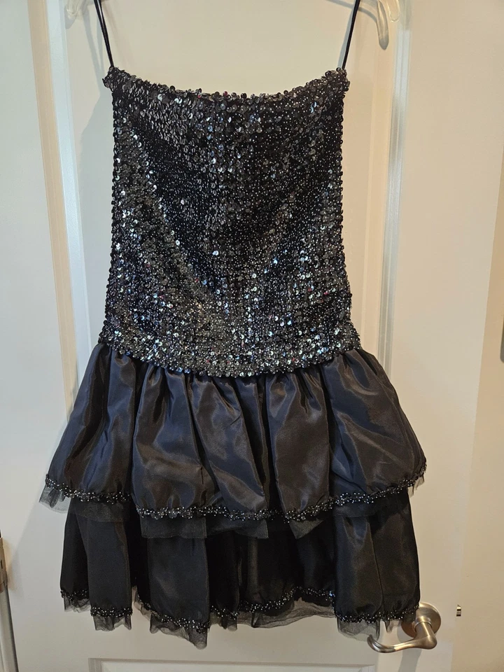 Flirtations by Alfred Angelo Black Sequin and netting mini cocktail dress Size L - Image 2 of 4