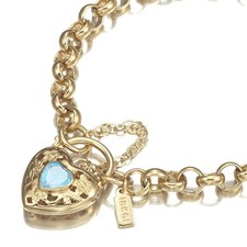 18K GL Solid Belcher Gold Bracelet with Filigree Heart Padlock & Topaz Blue Gem