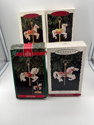 4 Hallmark Tobin Fraley Carousel Horses & Stand 4 Keepsake Ornament