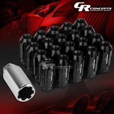 JDM BLACK 20PCS M12X1.5 24MM OD 50MM TALL OPEN END ALUMINUM LUG NUTS+ADAPTER