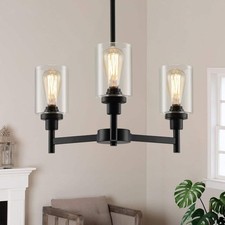 Three Light Black Glass Chandelier For Dining Room And Entryway With Glass Shade