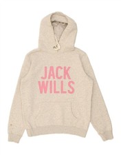 JACK WILLS Womens Graphic Hoodie Jumper UK 12 Medium Grey Cotton BI07