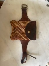 Brown leather with brown and biege fabric pattern, boot pouch with leather strap