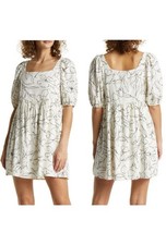 Lulus Linen Blend Artful Ways Cream Floral Print Puff Sleeve Babydoll Dress