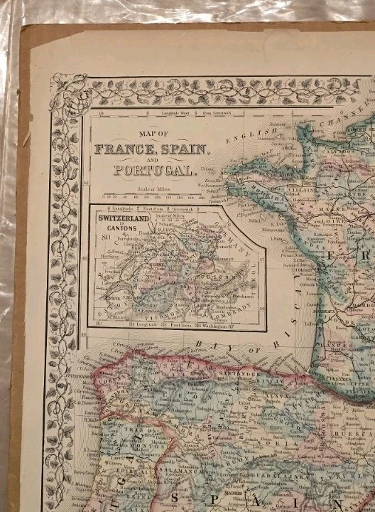 Mapa de Francia, España y Portugal 1867 con mapas de Suiza y Córcega Antiguo Foto 2 de 4