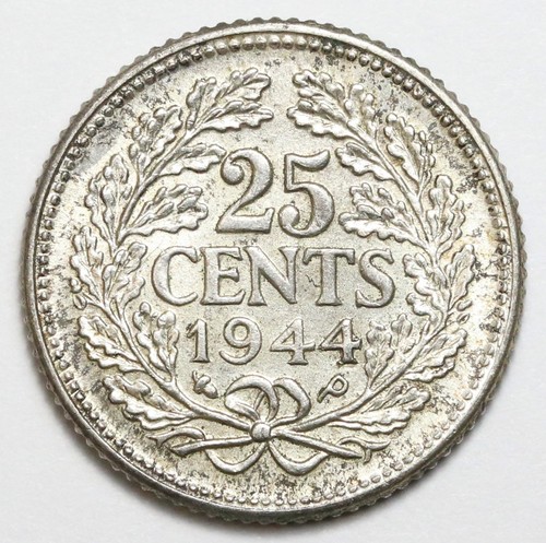1944-P 25c Netherlands 25 Cents Silver Coin - Nice Luster - Wilhelmina - KM# 164