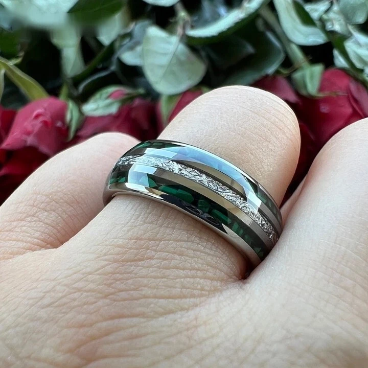 8MM Gold Color Tungsten Carbide Ring Band Meteorite & Malachite Inlay Ring Band - Image 2 of 4