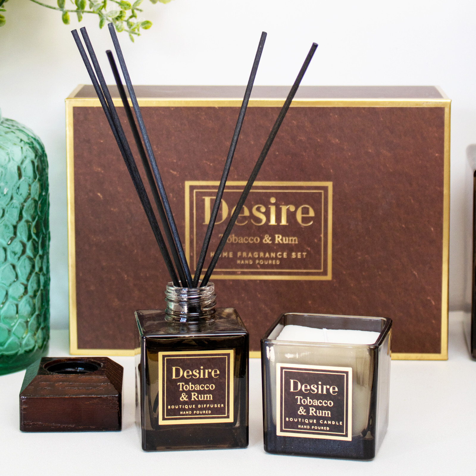 Candle And Reed Diffuser Set Tobacco & Rum Scent Gift Boxed 20Hr Home Fragrance