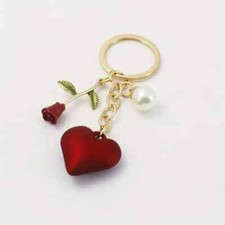 Red Love Heart Rose With Faux Pearl Pendant Keychain Pendant Car Keychain Gift