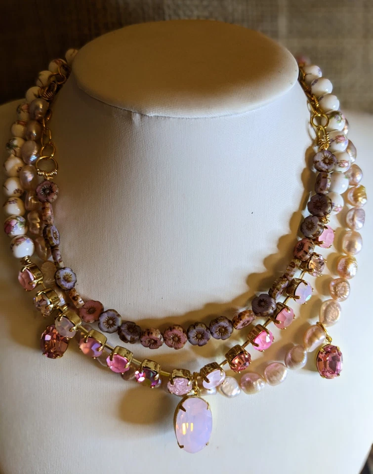 Victorian Darling Pink Opal Swarovski Crystal Porcelain & Beads Layered Necklace - Image 4 of 4