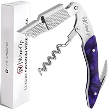 Professional Double Hinge Wine Bottle Opener Corkscrew Key | Purple Resin Handle