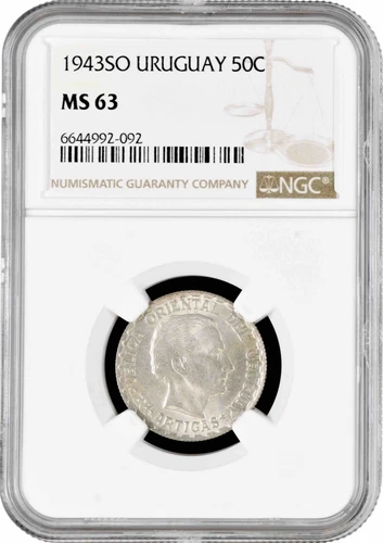Uruguay 50 centesimos 1943 So, NGC MS63, "Peso (1862 - 1974)" silver coin