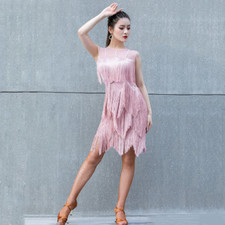 One-Piece Mesh Latin Dance Competition Dresses Sling Dress Sleeveless Fringes