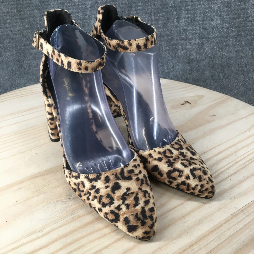 Zapatos de tacón alto Qupid para mujer con 9 estampado de leopardo Mary Jane hebilla beige imitación gamuza Foto 3 de 4