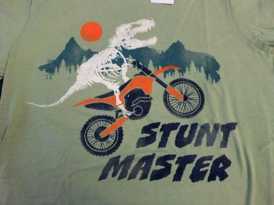 NUEVO CON ETIQUETAS Carter's Boys 12 14 DINOSAURIO Motocicleta Verde Manga Corta STUNT MASTER Foto 2 de 2