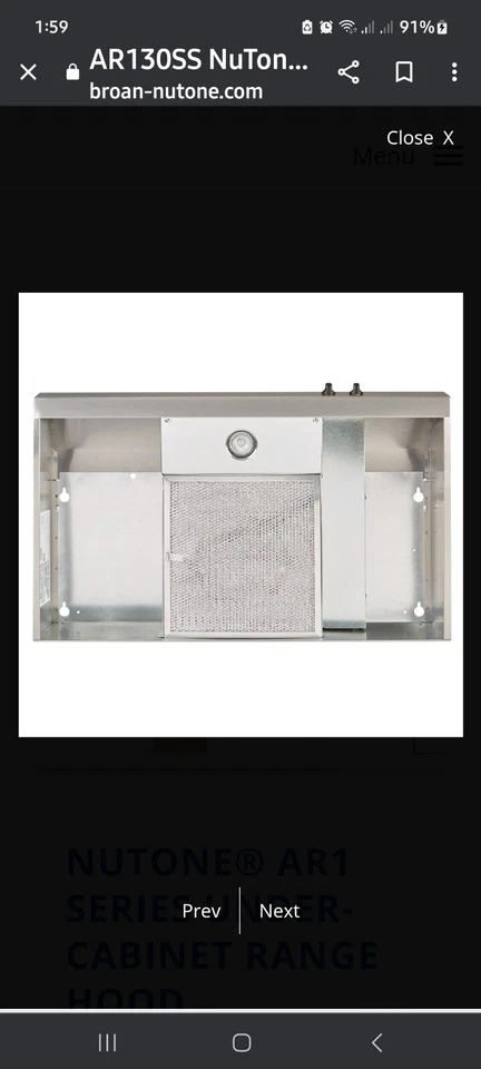 Campana extractora Braun-Nutone serie AR1 30" debajo del gabinete con luz  Foto 3 de 4